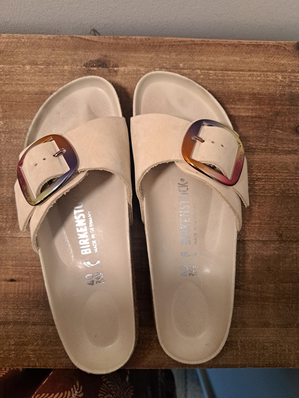 Birkenstock Women’s Cream Suede Slide Sandals with Iridescent Buckles